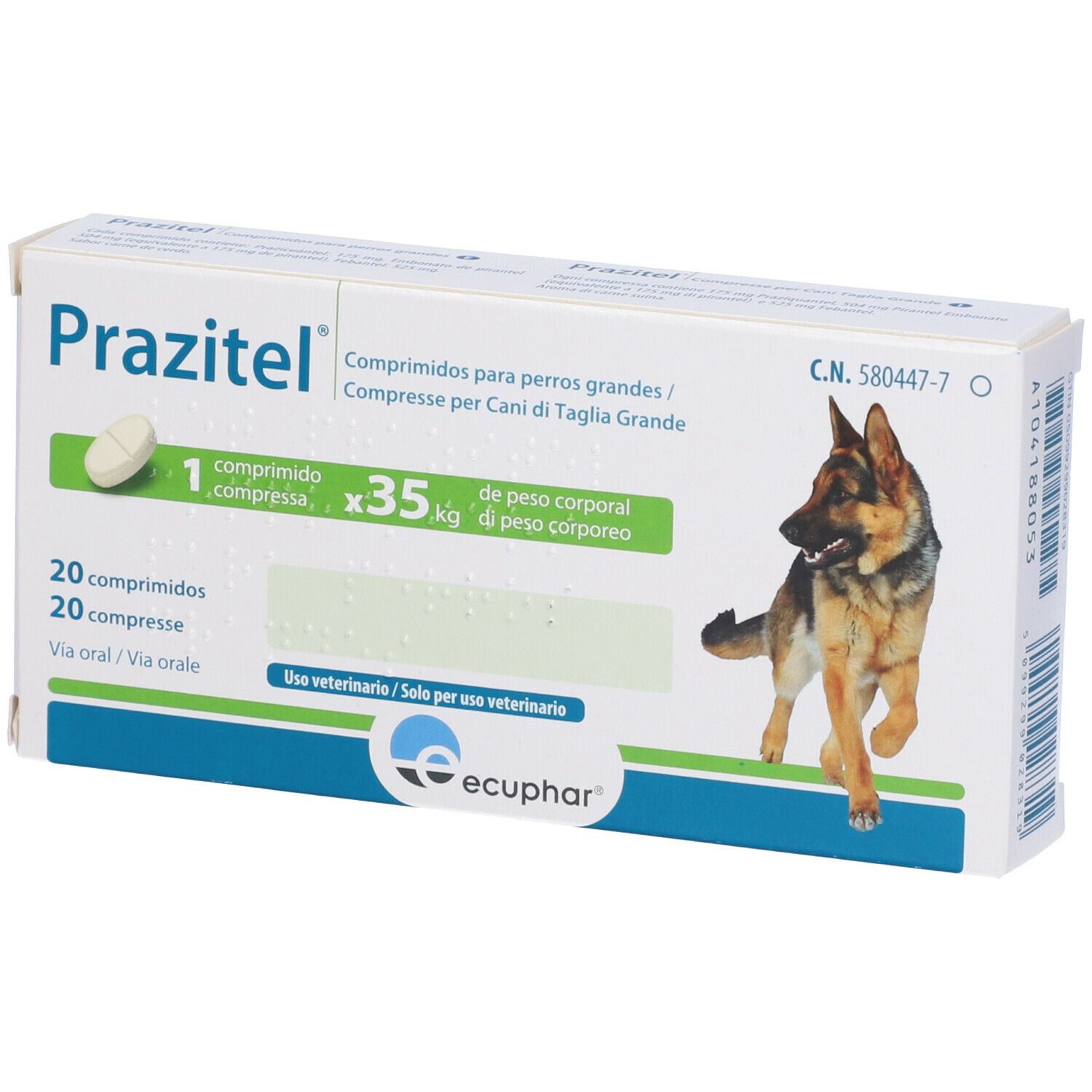 Confezione Prazitel con compressa, testo e cane. Contiene 20 compresse. Per cani. Logo Ecphar.