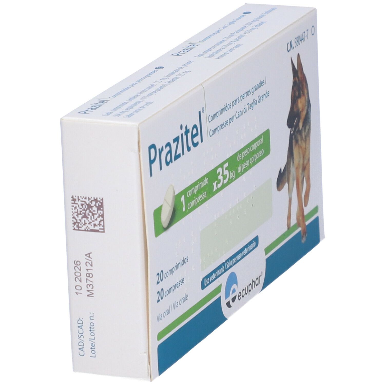 Confezione Prazitel obliqua. Compressa, testo e codice a barre. Contiene 20 compresse. Per cani. Logo Ecphar.