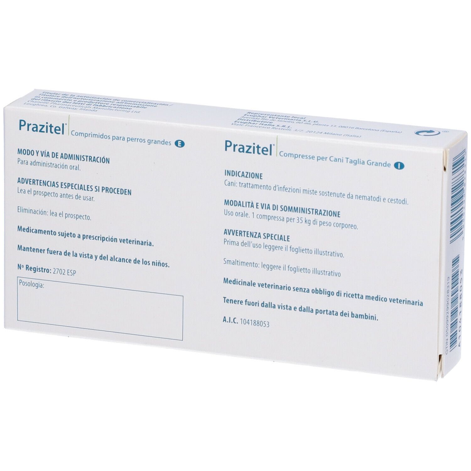 Retro della confezione Prazitel. Testo multilingue. Per cani. Logo Ecphar. Prodotto medico.