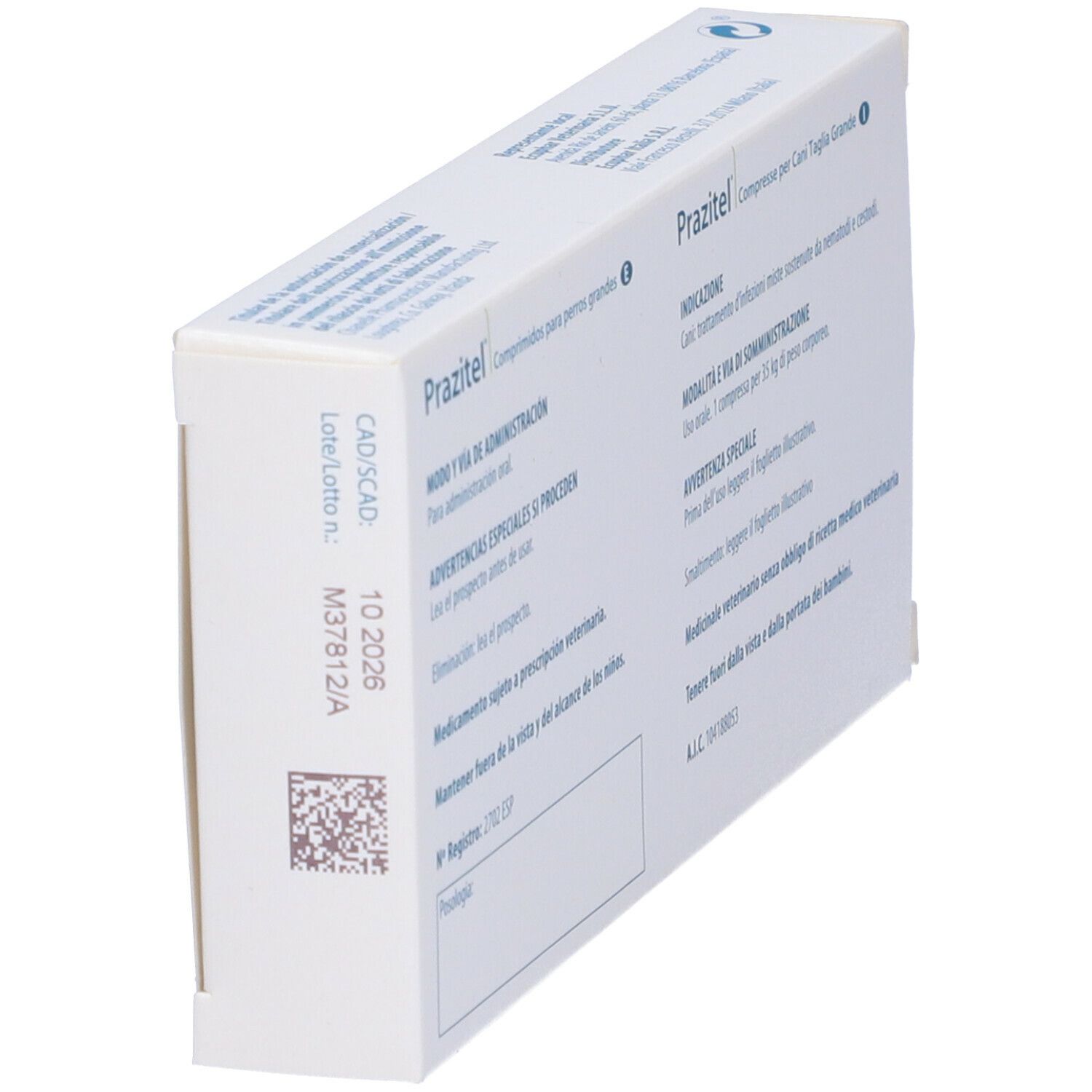 Confezione Prazitel obliqua. Testo multilingue. Per cani. Logo Ecphar. Prodotto medico.