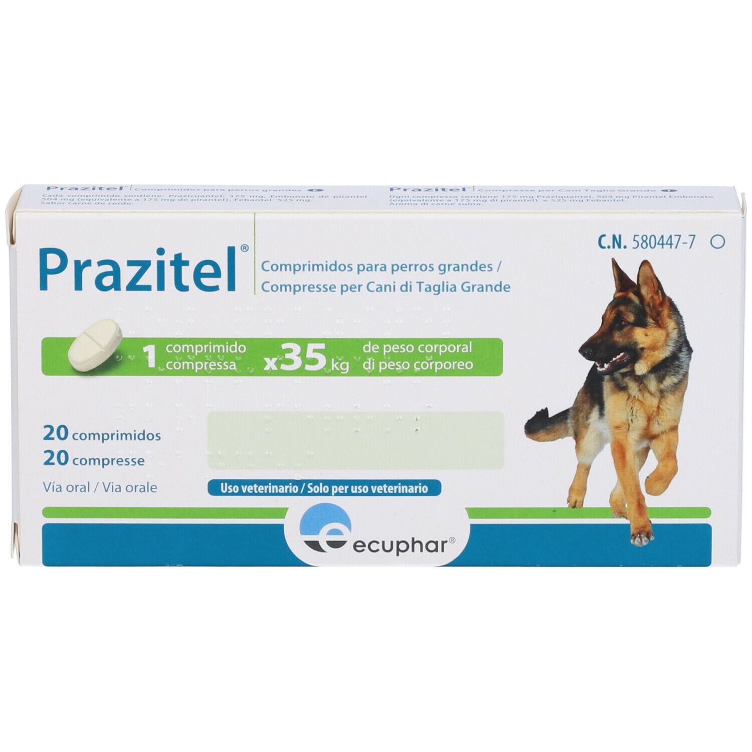 Confezione Prazitel con compressa, testo e cane. Contiene 20 compresse. Per cani. Logo Ecphar.