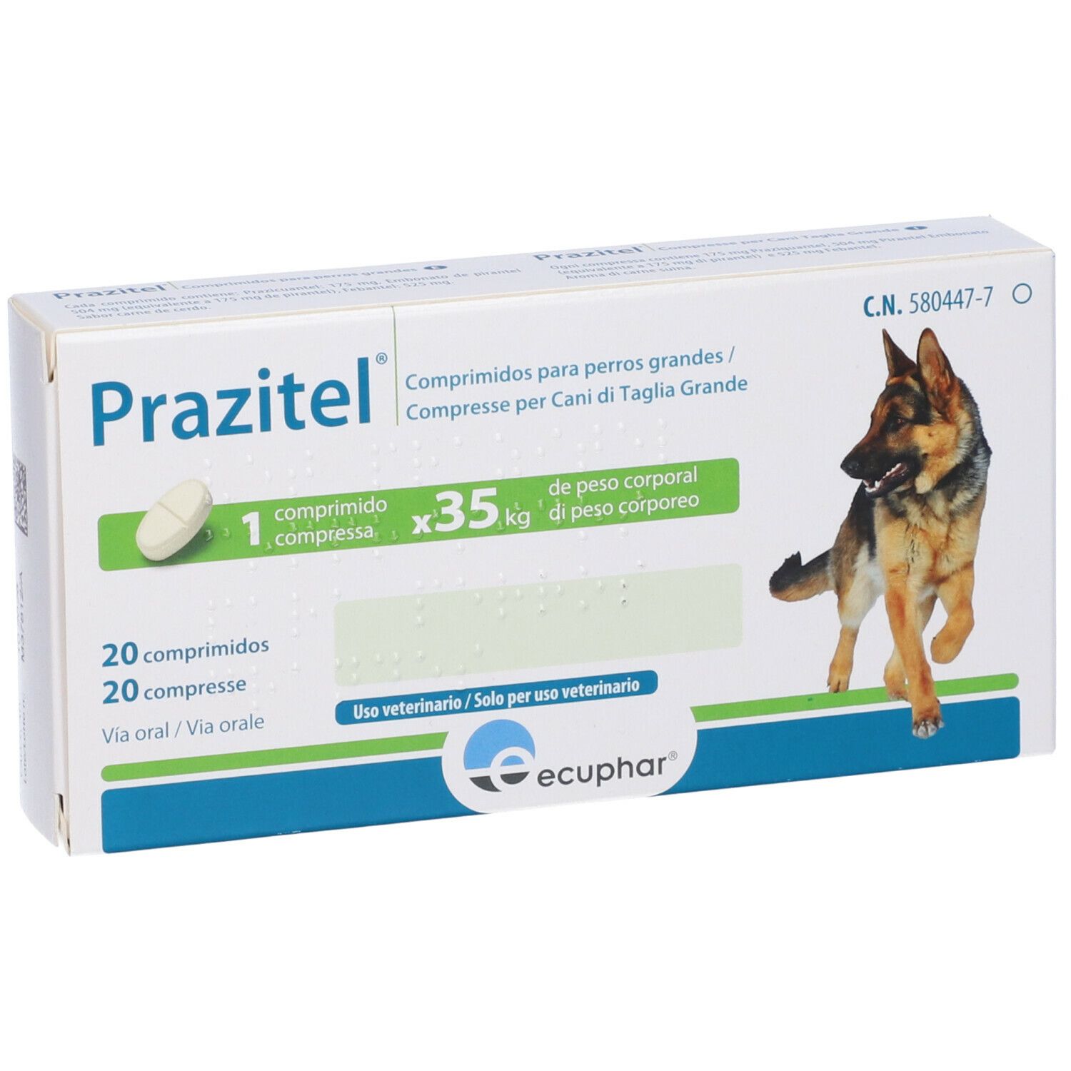 Confezione Prazitel con compressa, testo e cane. Contiene 20 compresse. Per cani. Logo Ecphar.
