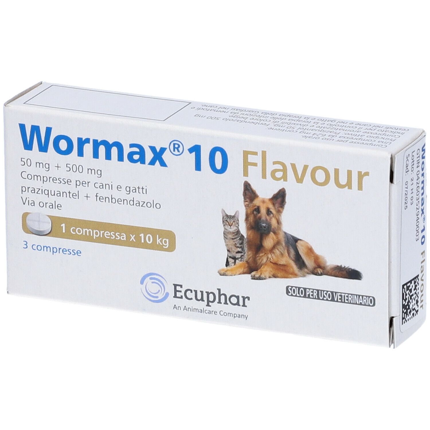 Scatola bianca con nome prodotto e immagine cane e gatto. Testo: 50 mg + 500 mg, 3 compresse.