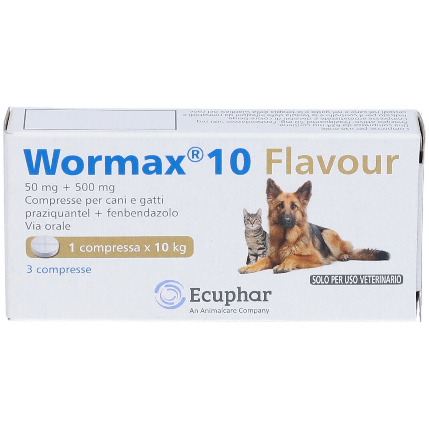 Scatola bianca con nome prodotto e immagine cane e gatto. Testo: 50 mg + 500 mg, 3 compresse.