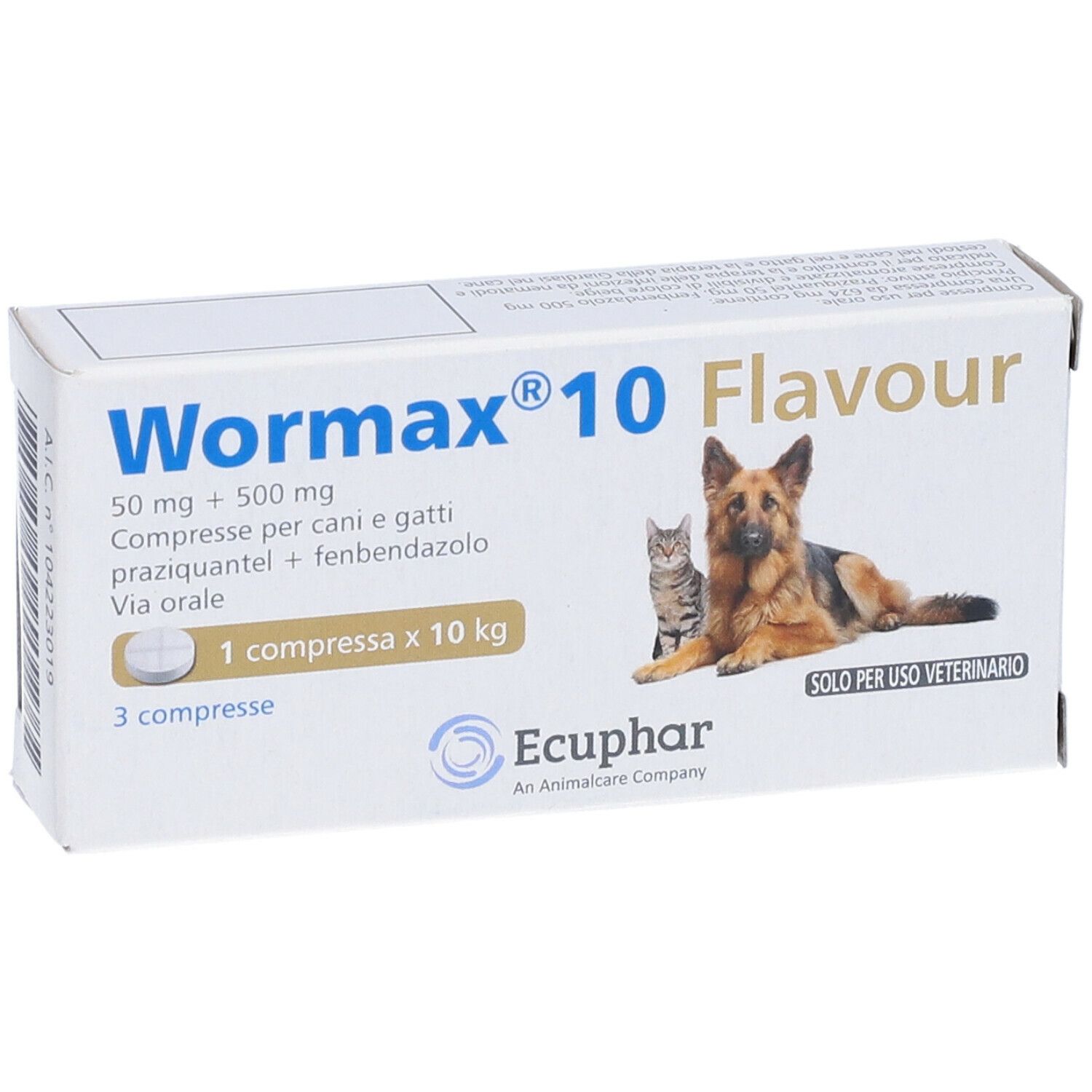 Scatola bianca con nome prodotto e immagine cane e gatto. Testo: 50 mg + 500 mg, 3 compresse.