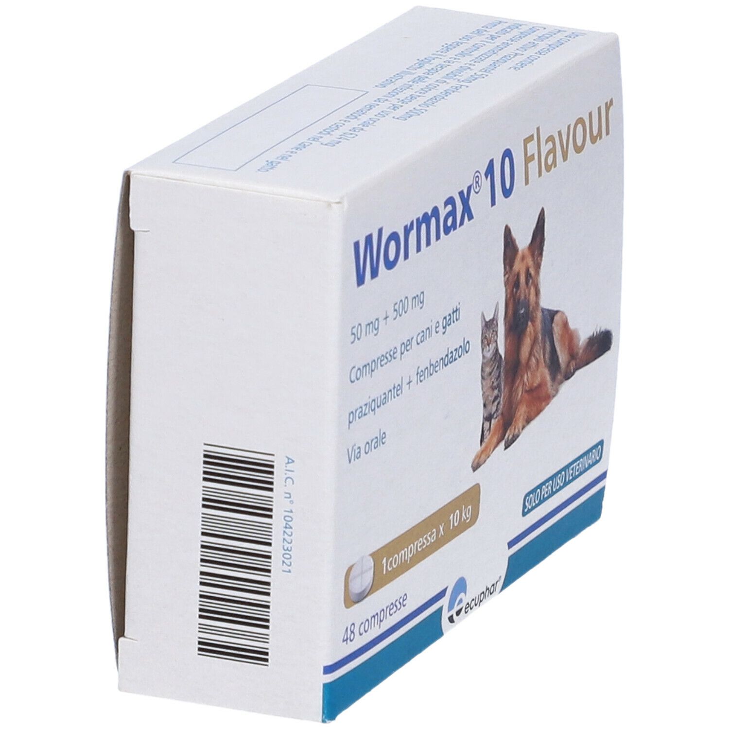 Confezione di Wormax 10 Flavour, vista dall'alto. Compresse per cani e gatti. Testo e logo visibili.