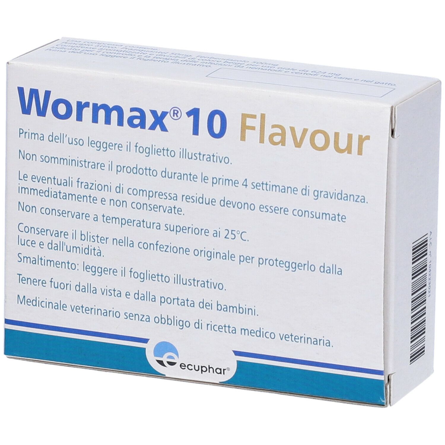 Retro della confezione di Wormax 10 Flavour. Informazioni testuali e logo. Per cani e gatti.