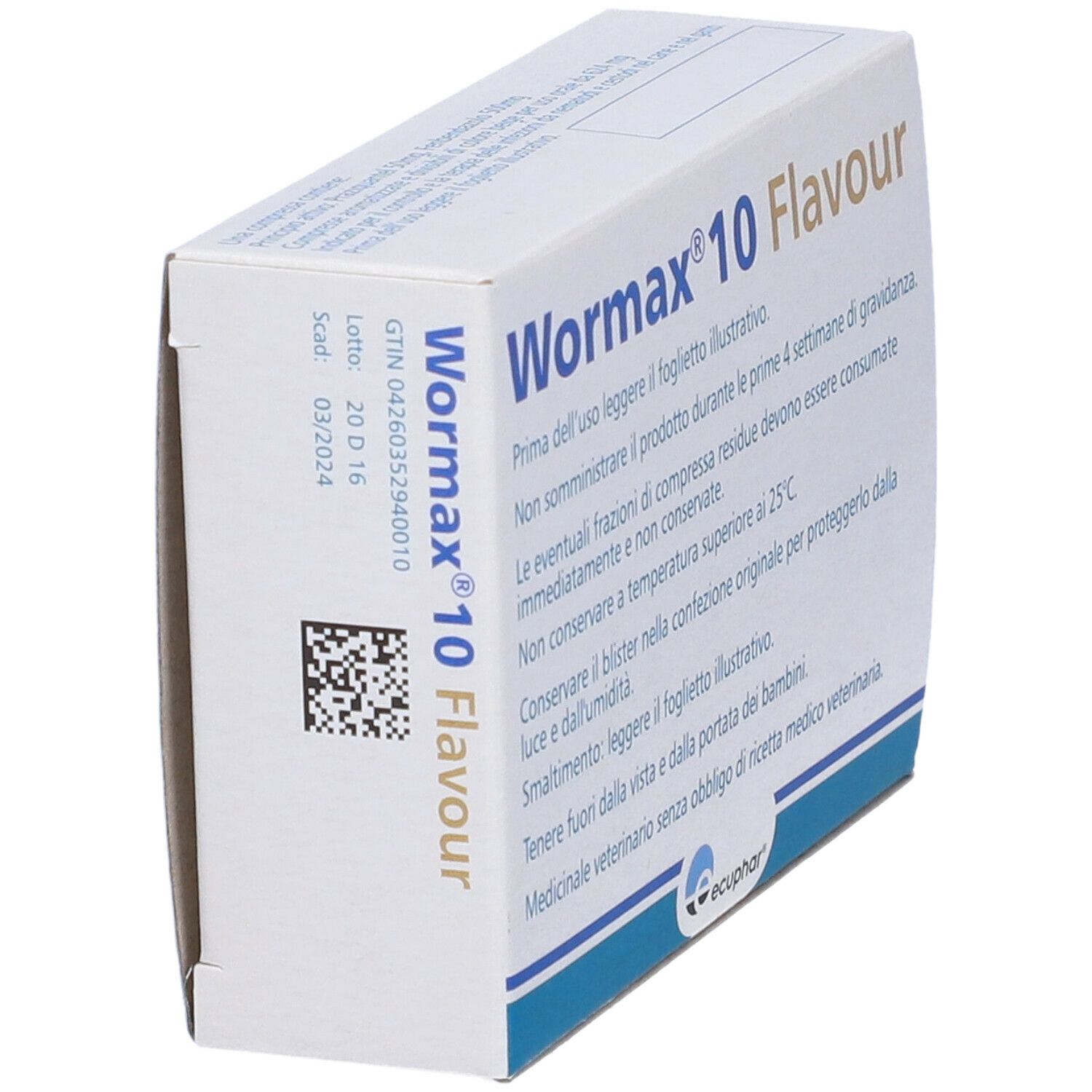 Confezione di Wormax 10 Flavour, in diagonale. Informazioni testuali e logo. Per cani e gatti.