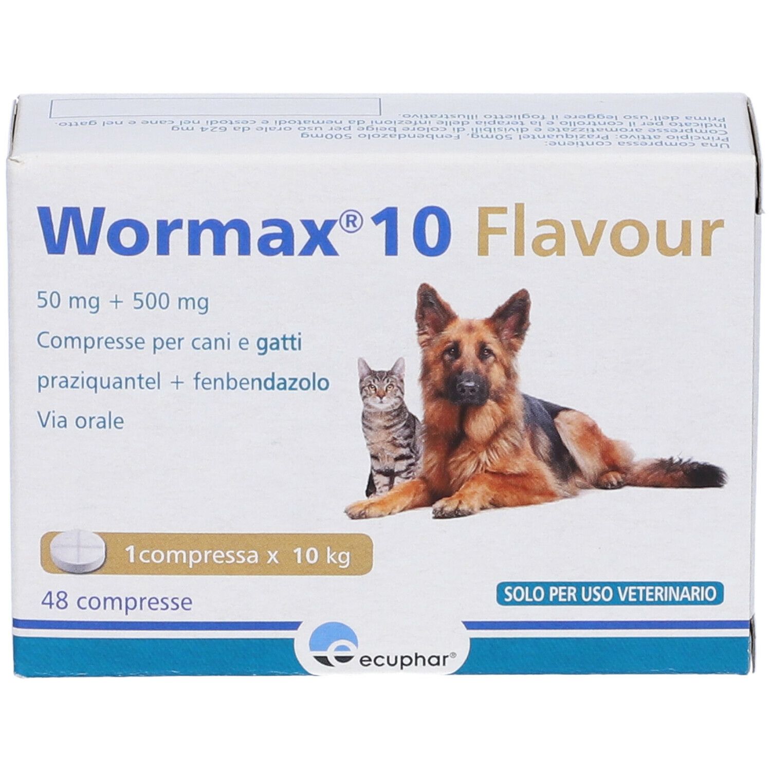 Confezione di Wormax 10 Flavour. Compresse per cani e gatti. Immagine di cane e gatto.
