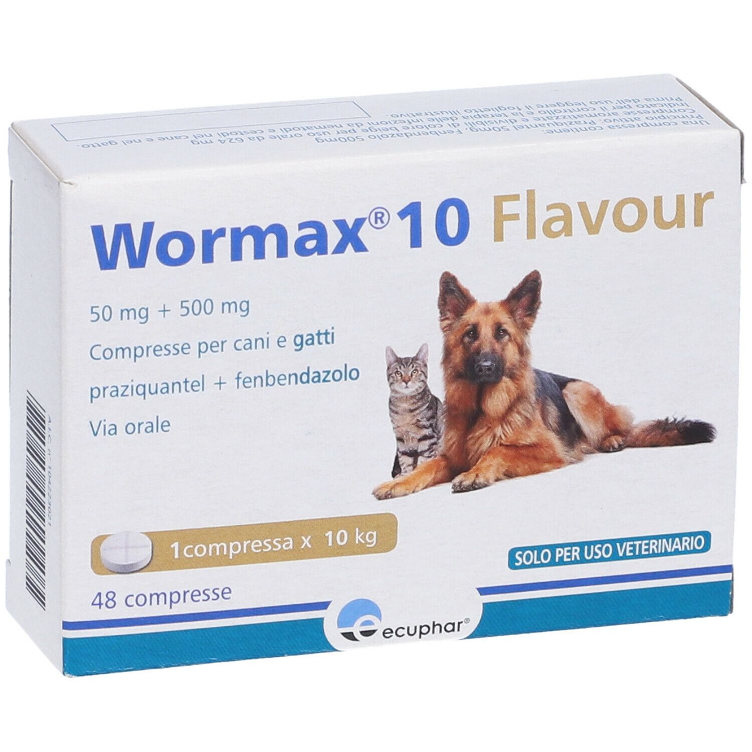 Confezione di Wormax 10 Flavour. Compresse per cani e gatti. Immagine di cane e gatto.
