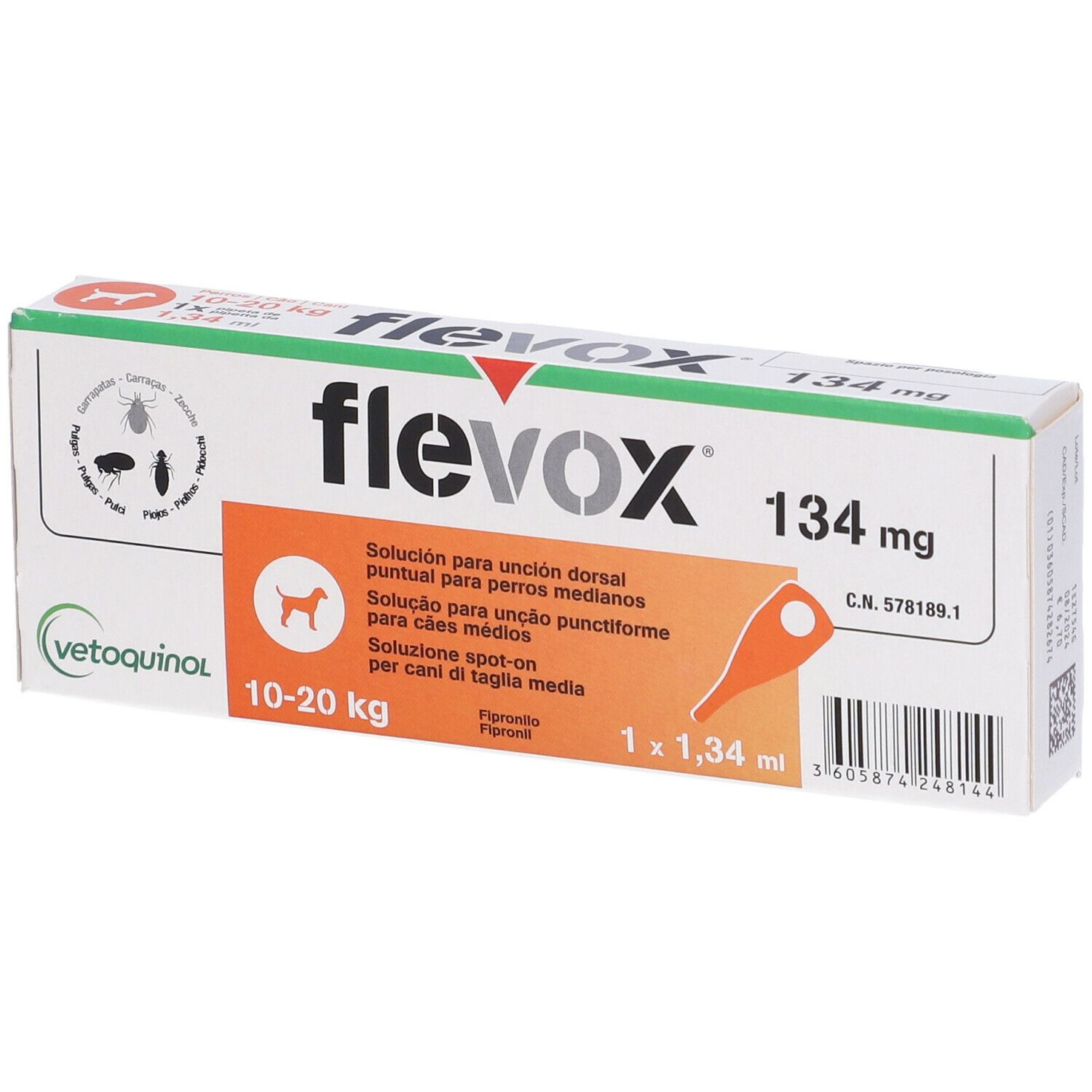Confezione Flevox 134 mg. Contiene una pipetta per cani di taglia media. Scritte multilingue.