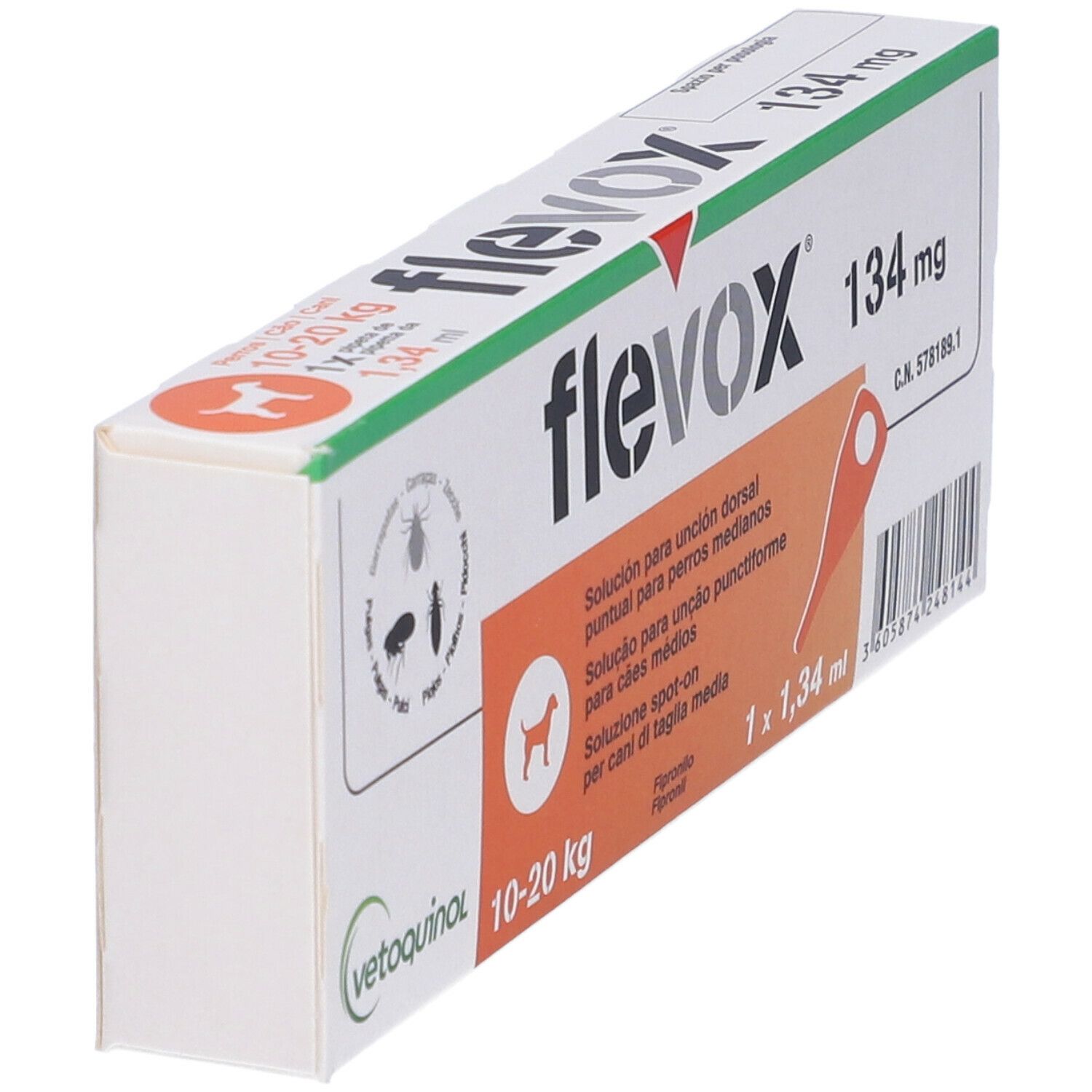 Confezione Flevox 134 mg in diagonale. Contiene una pipetta per cani. Scritte multilingue.