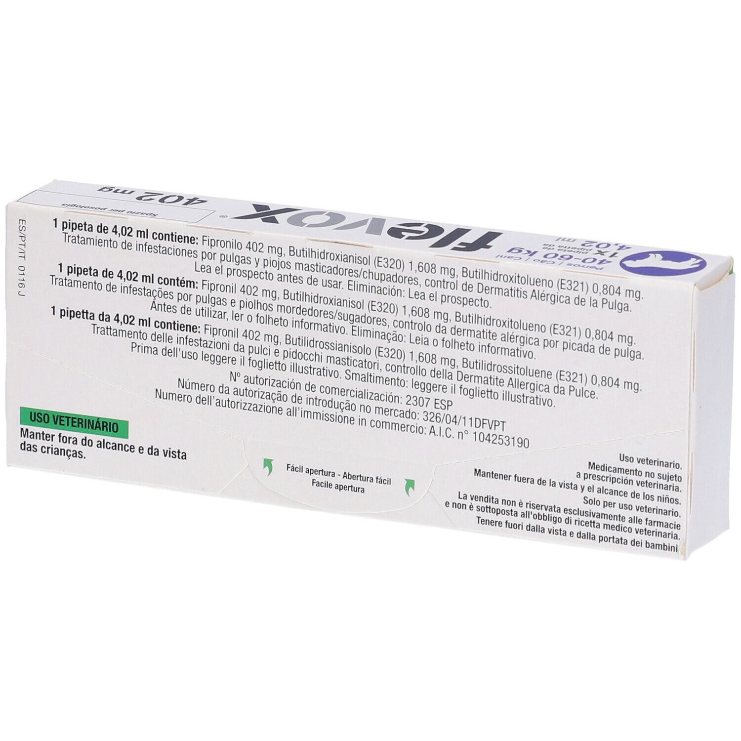 Retro della confezione del prodotto con testo multilingue. Contiene informazioni sugli ingredienti e l'uso.