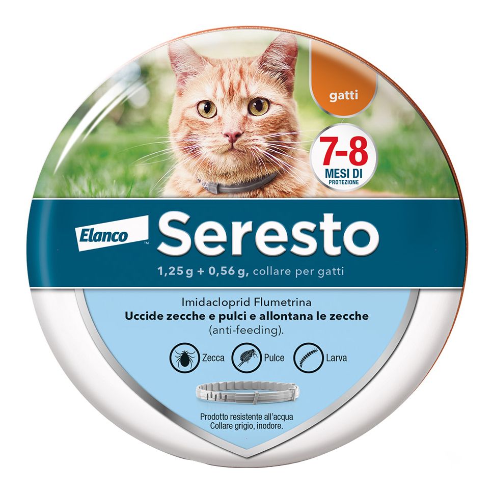 Confezione rotonda. Collare antiparassitario Seresto per gatti. Protezione 7-8 mesi. Contiene Imidacloprid e Flumetrina.