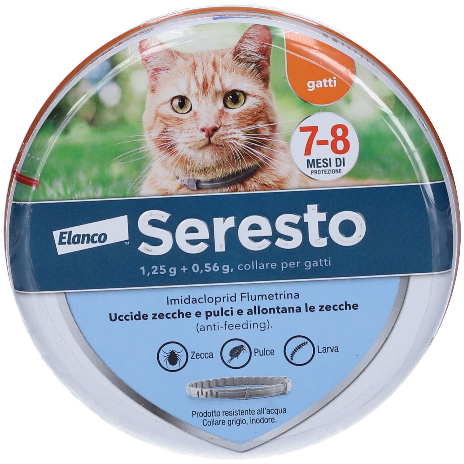 Confezione rotonda. Collare antiparassitario Seresto per gatti. Protezione 7-8 mesi. Contiene Imidacloprid e Flumetrina.