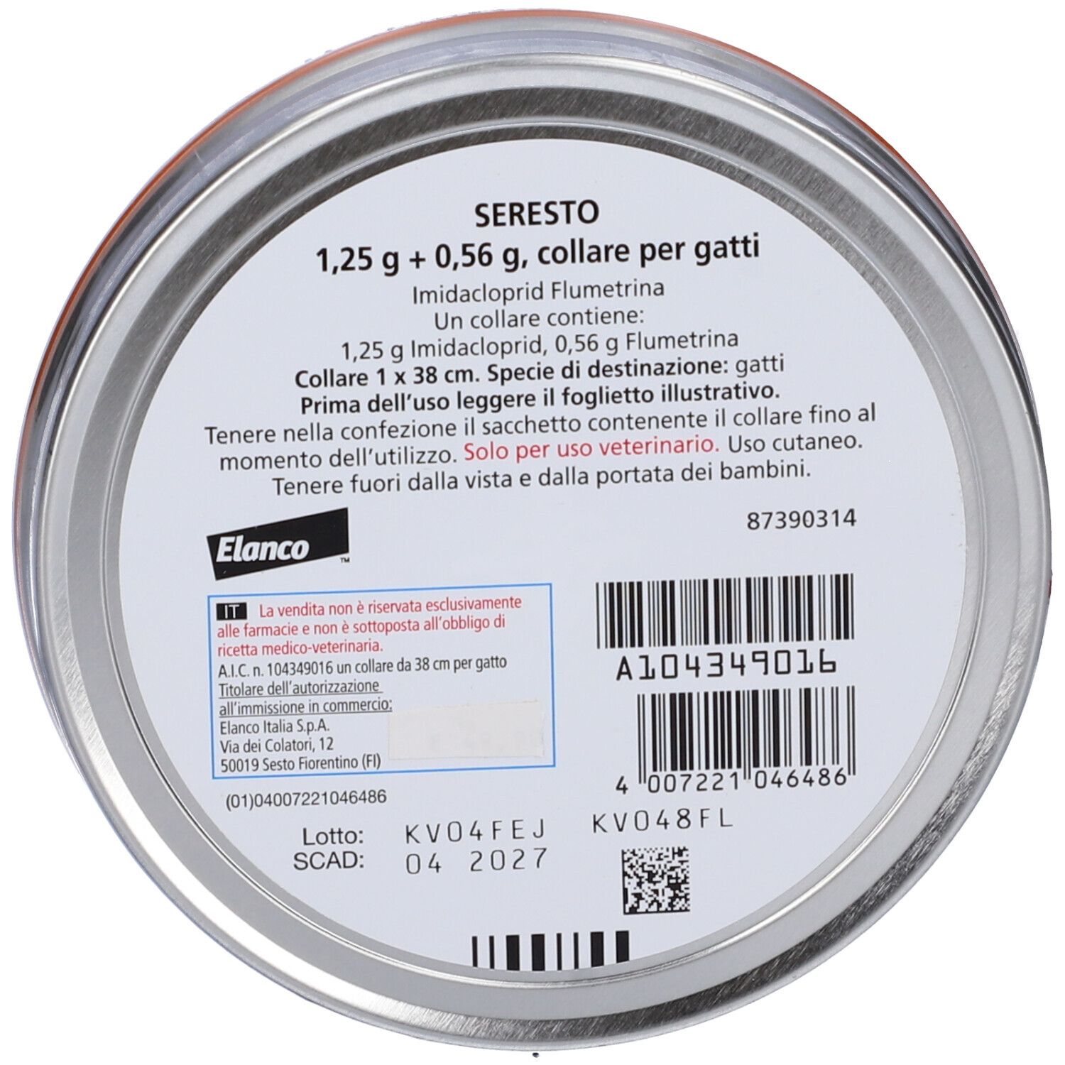 Scatola rotonda con informazioni sul prodotto. Contiene: Seresto, Imidacloprid, Flumetrina. Dettagli collare e produttore.
