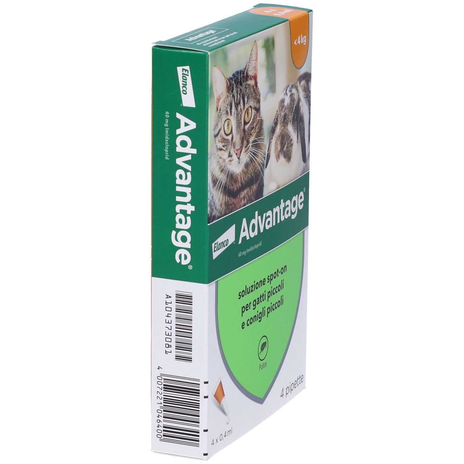 Vista obliqua della confezione Advantage. Contiene 4 pipette. Immagine di gatto e coniglio.