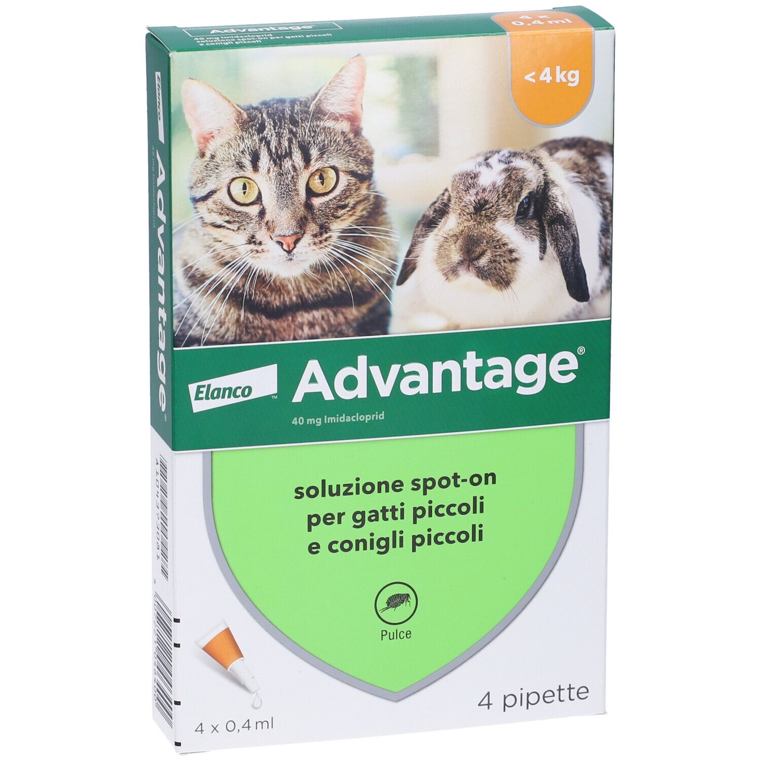 Vista frontale della confezione Advantage. Contiene 4 pipette. Immagine di gatto e coniglio.