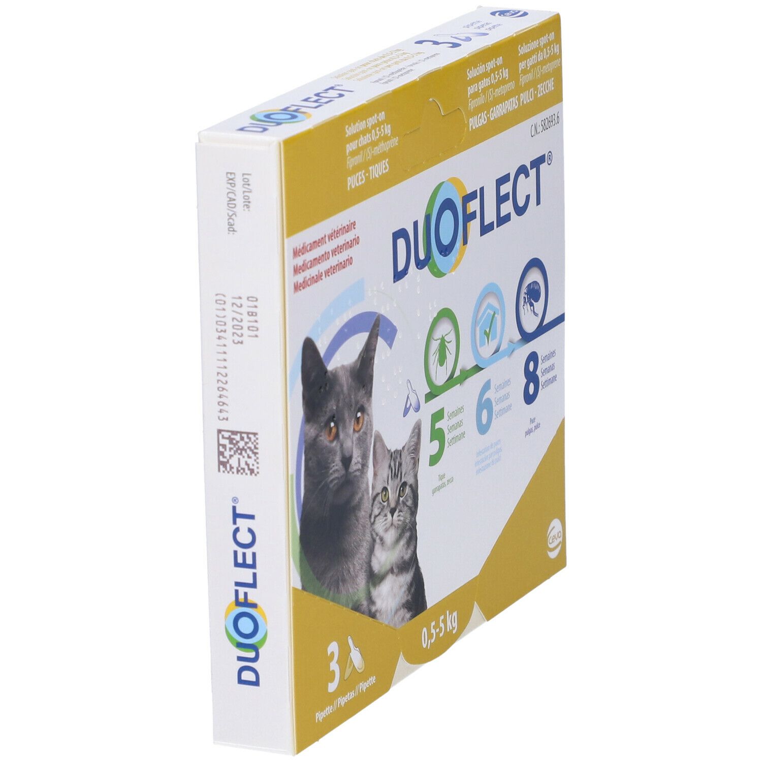 Scatola DUOFLECT inclinata. Contiene 3 pipette. Protezione 5, 6, 8 settimane. Per gatti 0,5-5 kg.