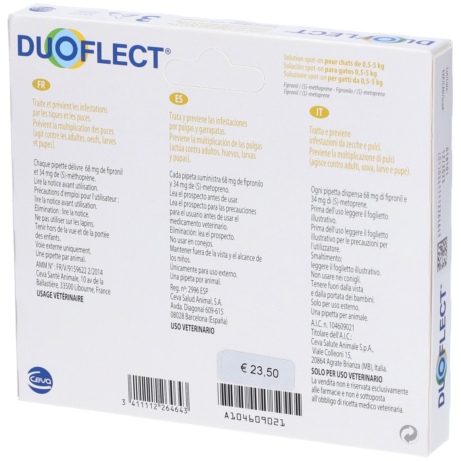 Retro della scatola DUOFLECT. Testo in francese, spagnolo e italiano. Prezzo: 23,50 €.