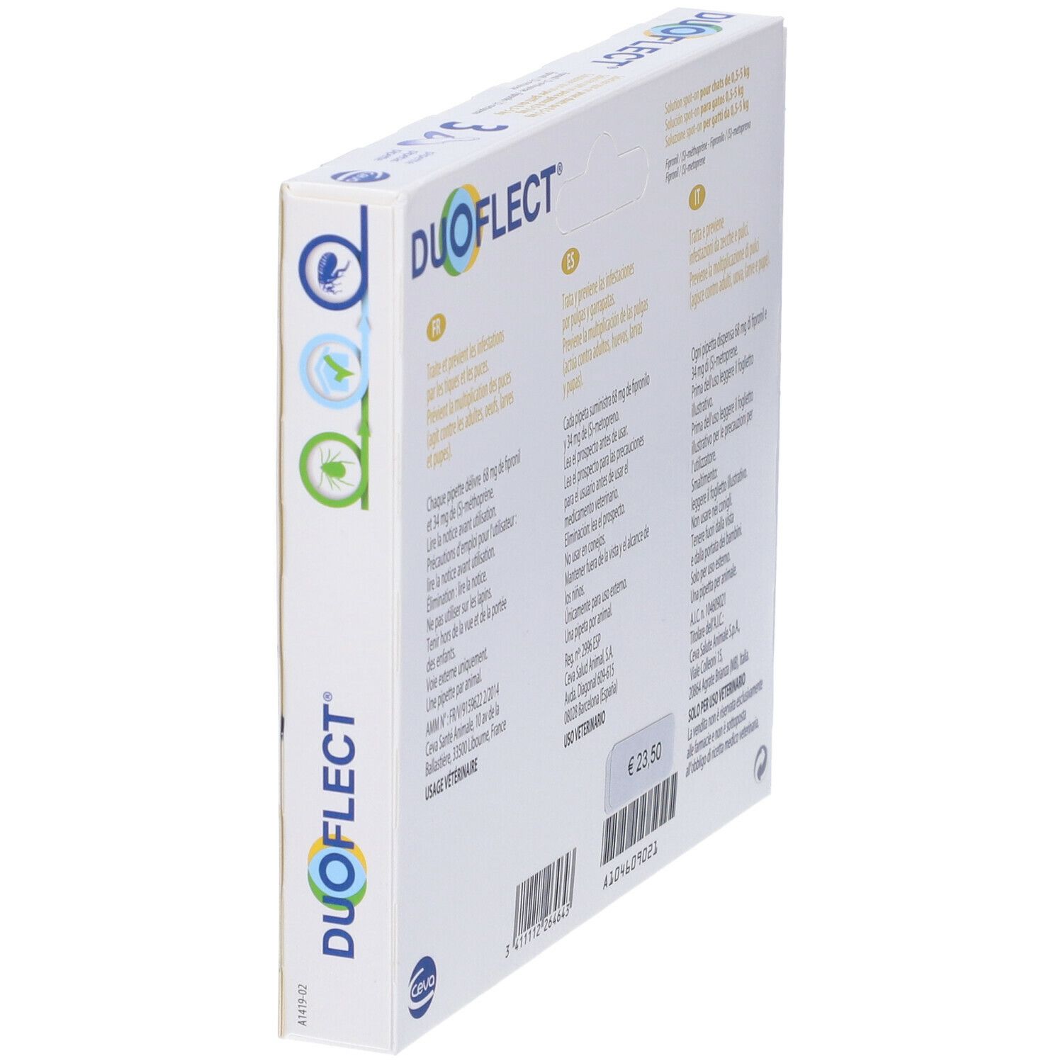 Scatola DUOFLECT inclinata, retro con testo. Prezzo: 23,50 €.
