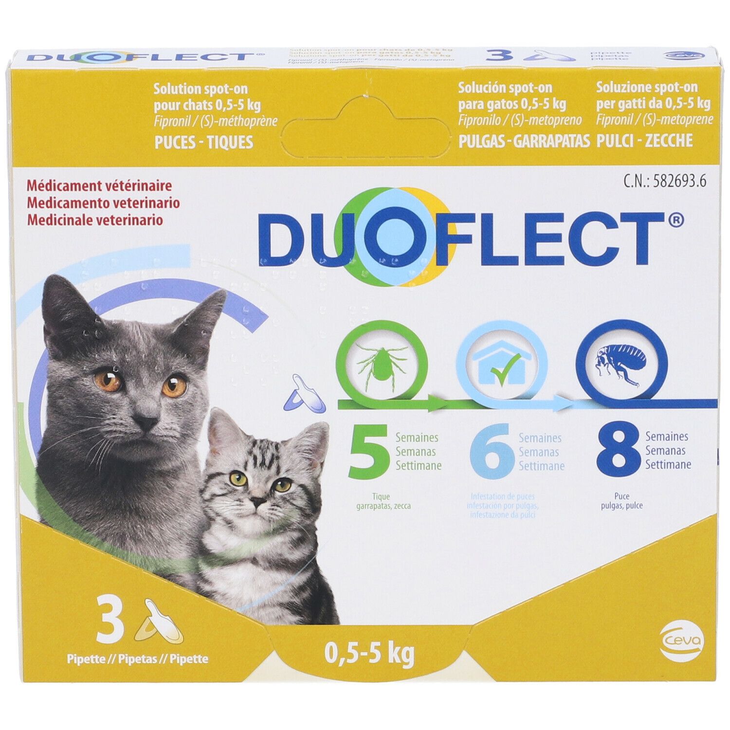 Scatola DUOFLECT per gatti. Contiene 3 pipette. Protezione 5, 6, 8 settimane. Per gatti 0,5-5 kg.