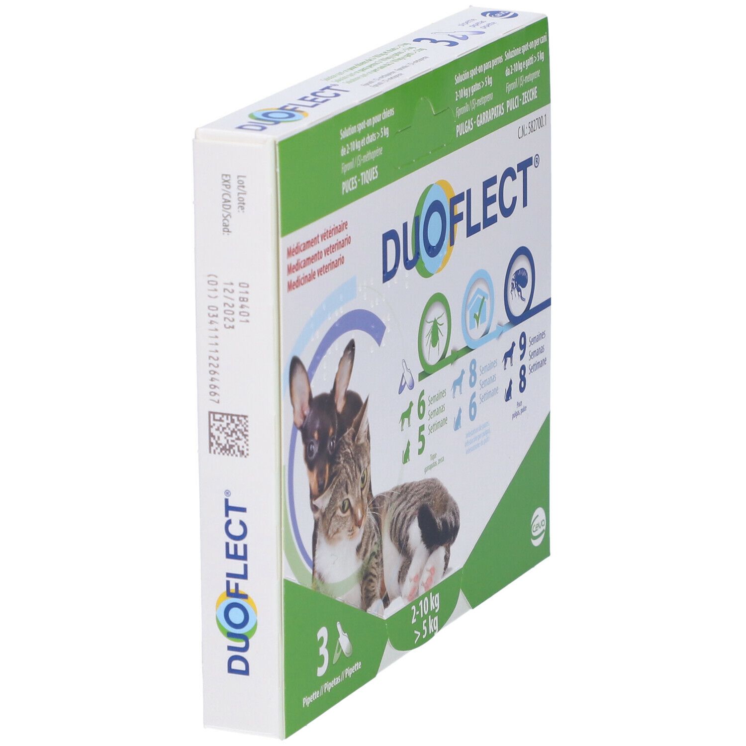 Vista laterale della confezione Duoflect. Contiene 3 pipette. Per cani 2-10 kg e gatti > 5 kg. Immagini di cane e gatto.