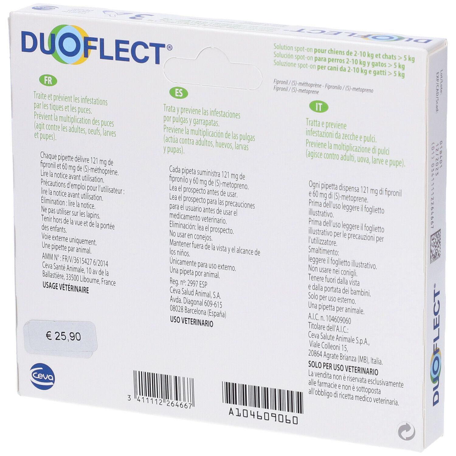 Retro della confezione Duoflect. Testo in francese, spagnolo e italiano. Informazioni sull'uso.
