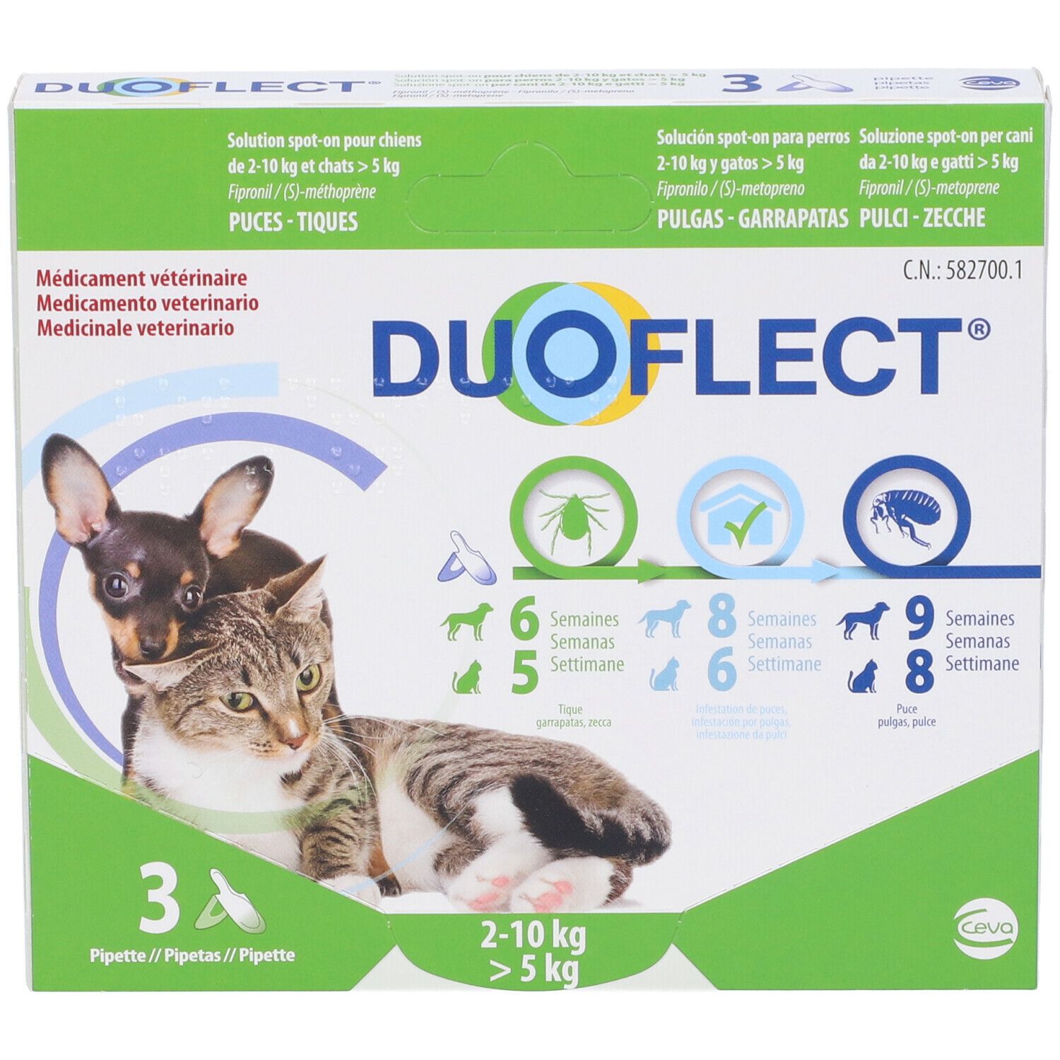 Confezione Duoflect. Contiene 3 pipette. Per cani 2-10 kg e gatti > 5 kg. Immagini di cane e gatto.
