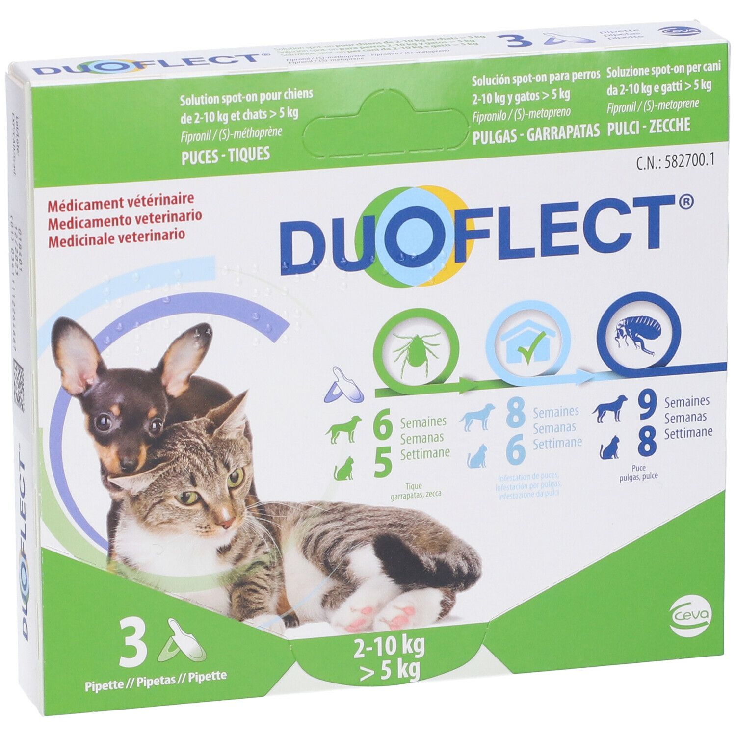 Confezione Duoflect. Contiene 3 pipette. Per cani 2-10 kg e gatti > 5 kg. Immagini di cane e gatto.