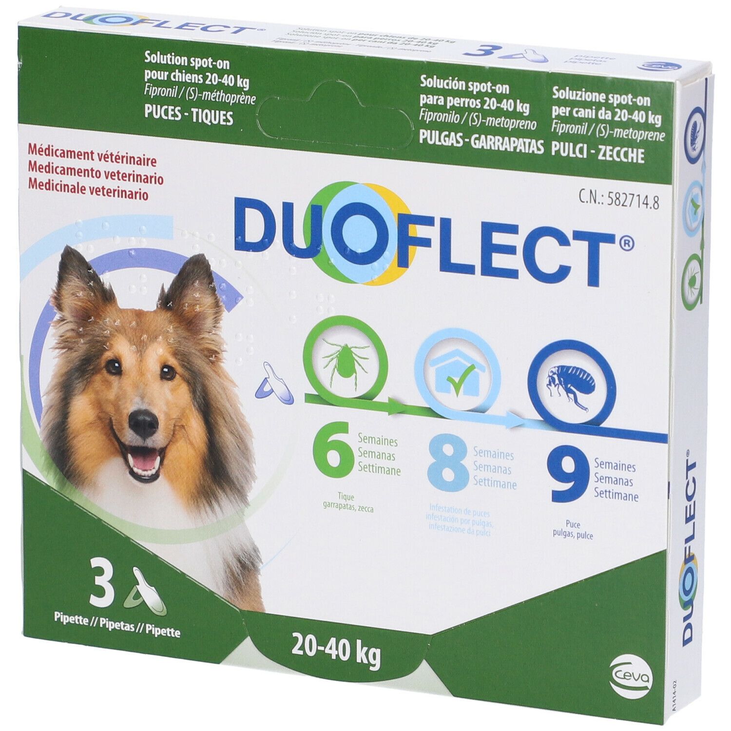 Confezione Duoflect per cani 20-40 kg. Contiene 3 pipette. Immagine di cane e icone per pulci, zecche.