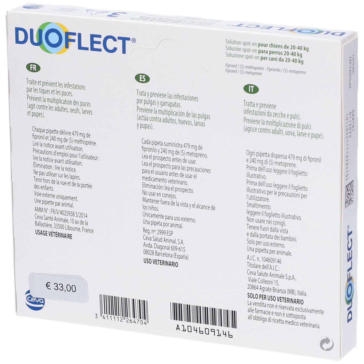 Retro della confezione Duoflect. Testo multilingue. Informazioni sull'uso e sugli ingredienti.
