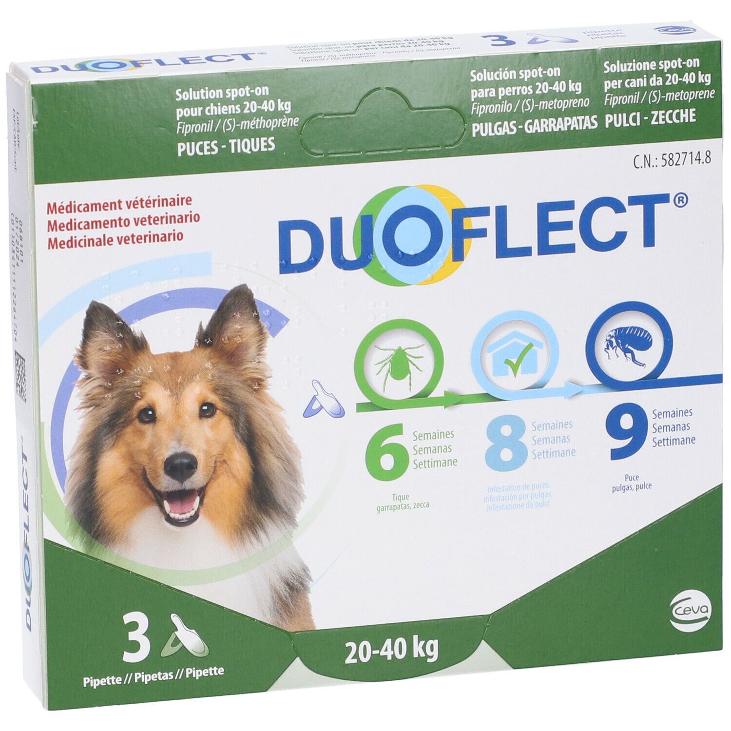Vista frontale della confezione Duoflect. Contiene 3 pipette per cani 20-40 kg. Con foto di cane e loghi.