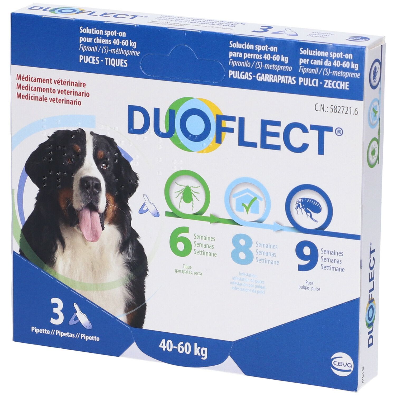 Confezione Duoflect per cani 40-60 kg. Contiene 3 pipette. Immagine di cane e loghi.