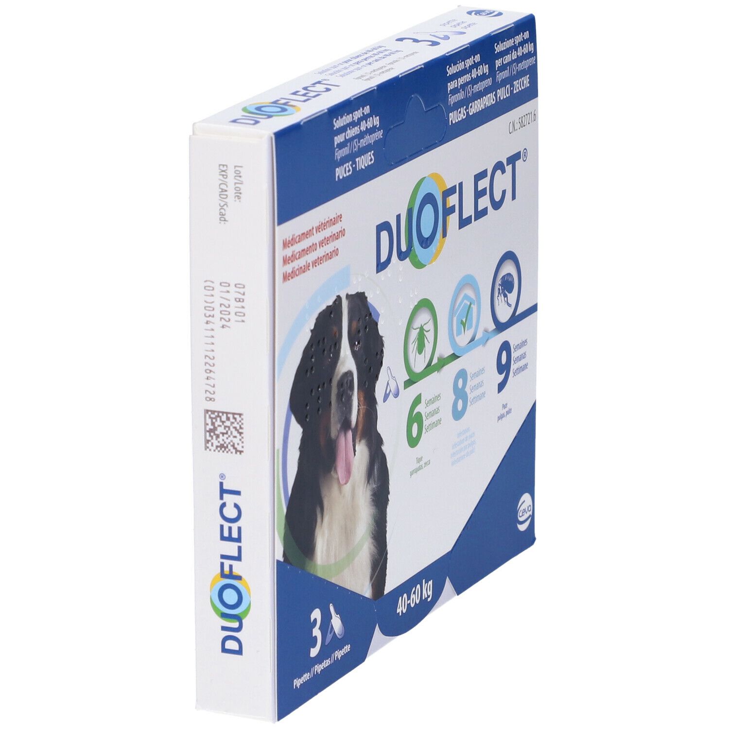 Vista obliqua della confezione Duoflect. Contiene 3 pipette. Informazioni e immagine di cane.