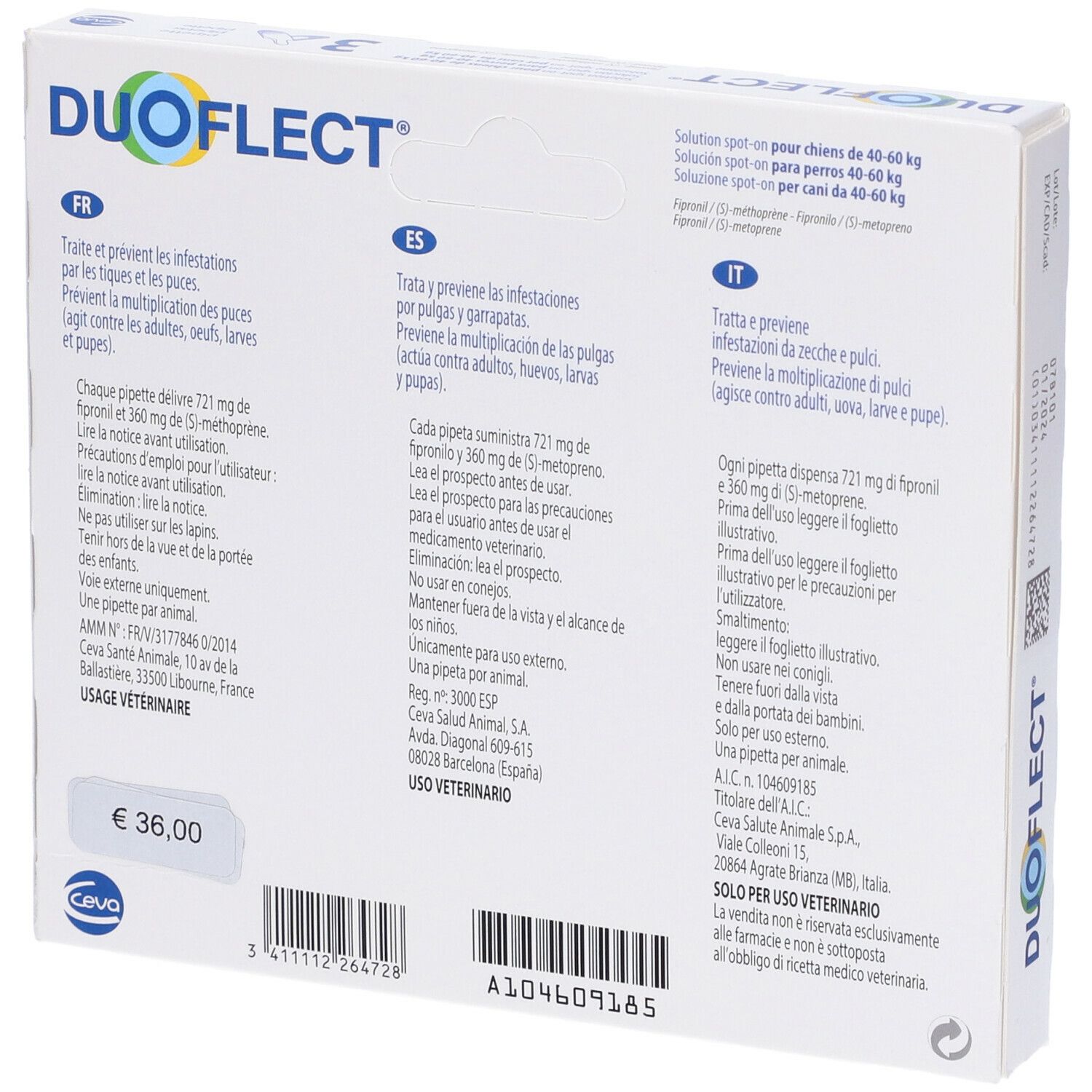 Retro della confezione Duoflect. Testo multilingue. Informazioni sull'uso.
