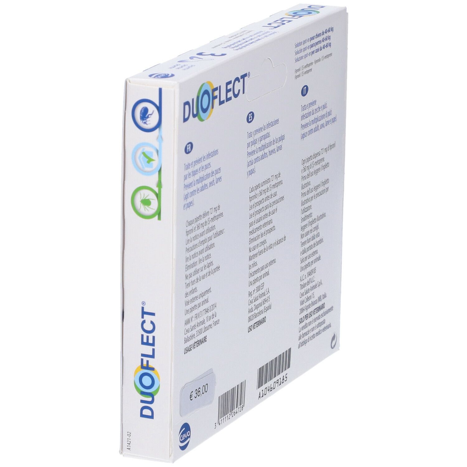 Vista obliqua del retro della confezione Duoflect. Testo multilingue. Informazioni.