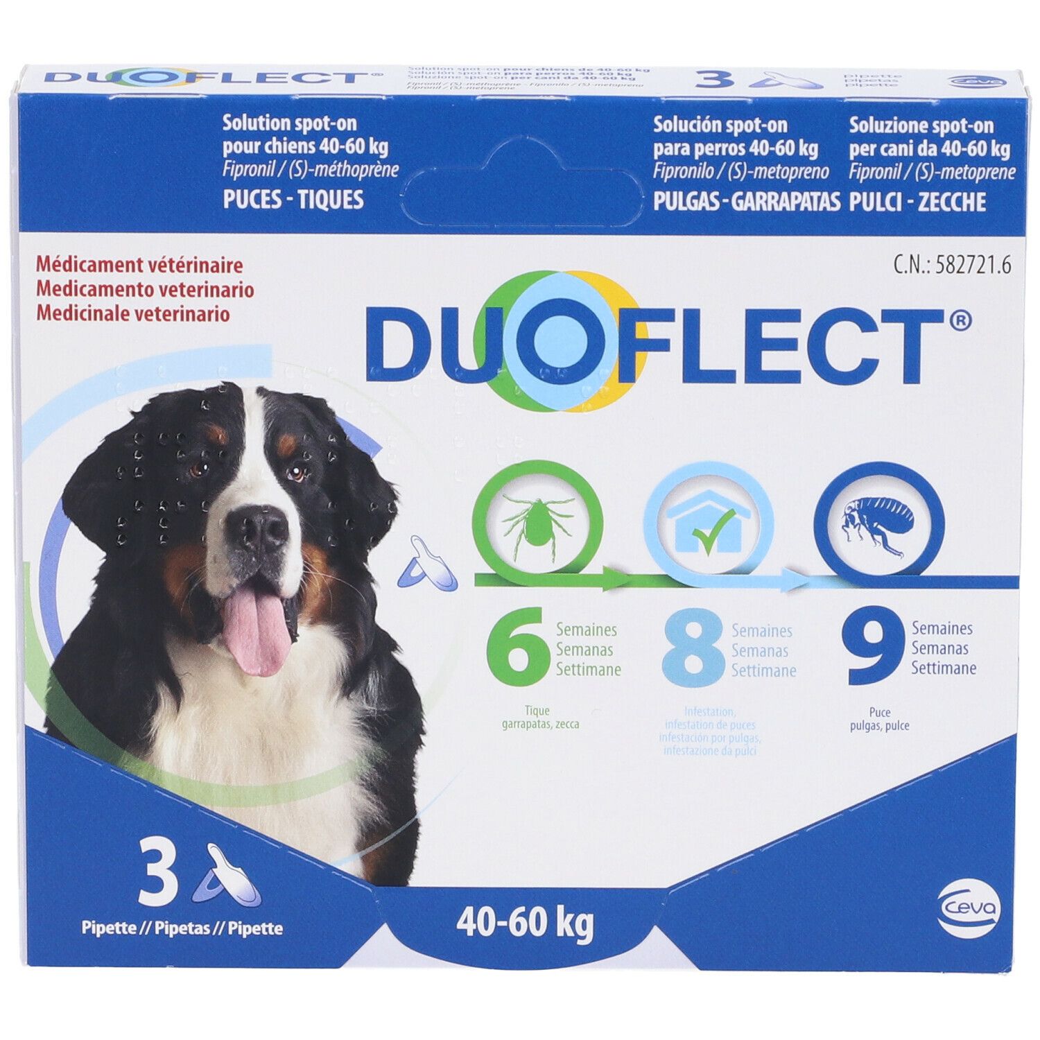 Vista frontale della confezione Duoflect. Contiene 3 pipette. Immagine di cane e informazioni.
