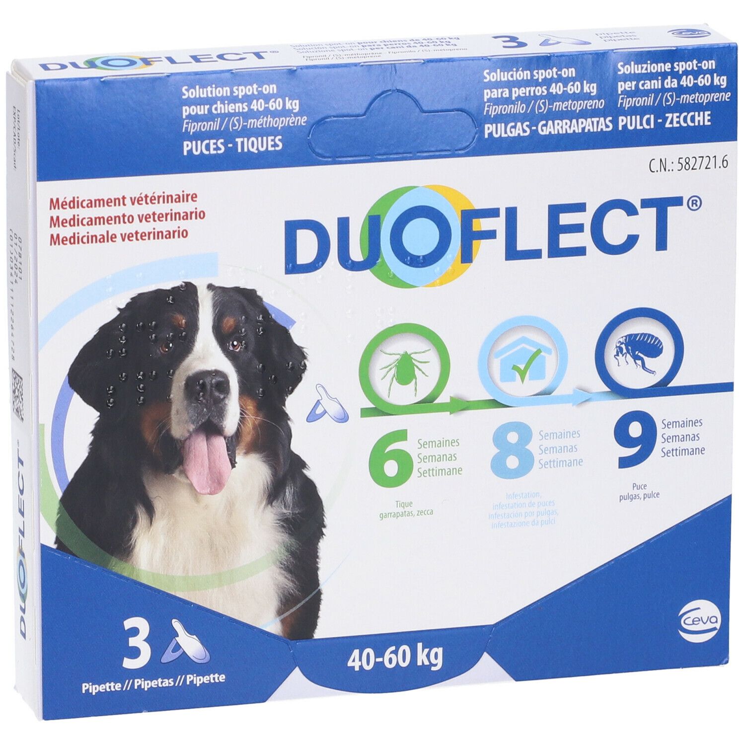 Vista frontale della confezione Duoflect. Contiene 3 pipette. Immagine di cane e informazioni.