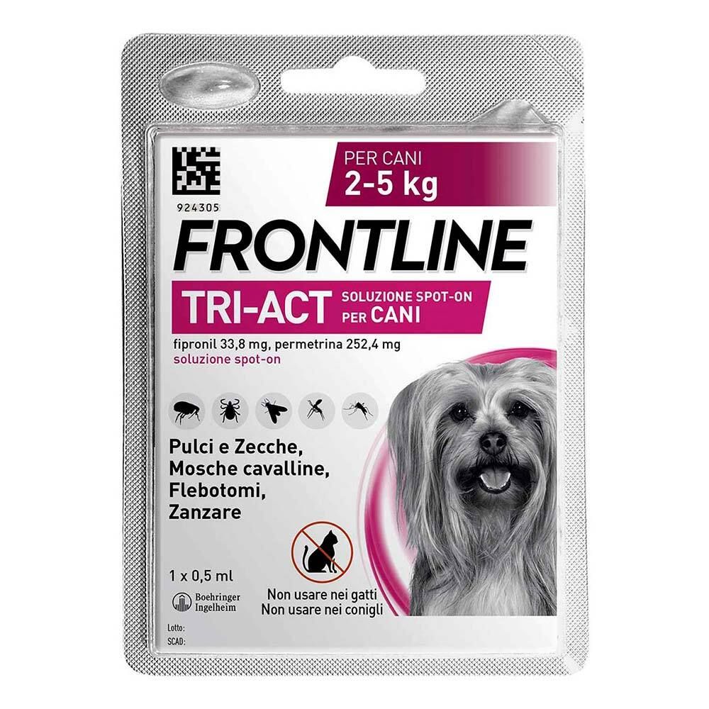 Confezione Frontline Tri-Act per cani 2-5 kg. Contiene una pipetta. Scritta: Non usare nei gatti e nei conigli.