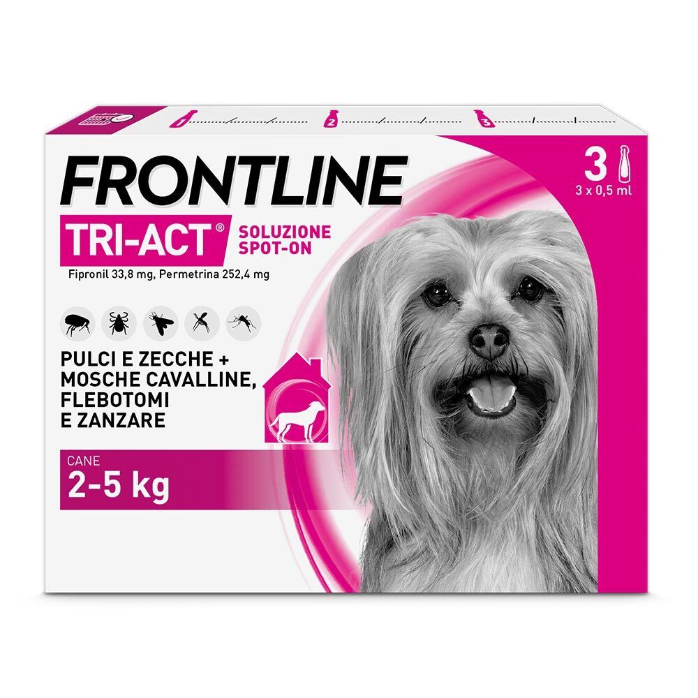 Confezione Frontline Tri-Act. Contiene 3 pipette per cani 2-5 kg. Scatola rosa e bianca con foto di cane.