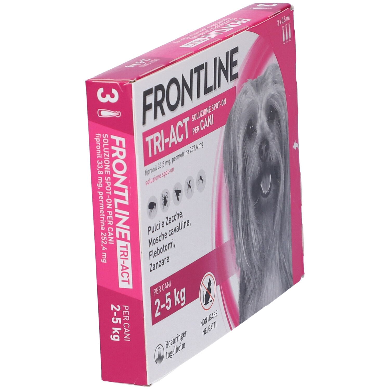 Confezione Frontline Tri-Act. Contiene 3 pipette per cani 2-5 kg. Scatola rosa e bianca con foto di cane.