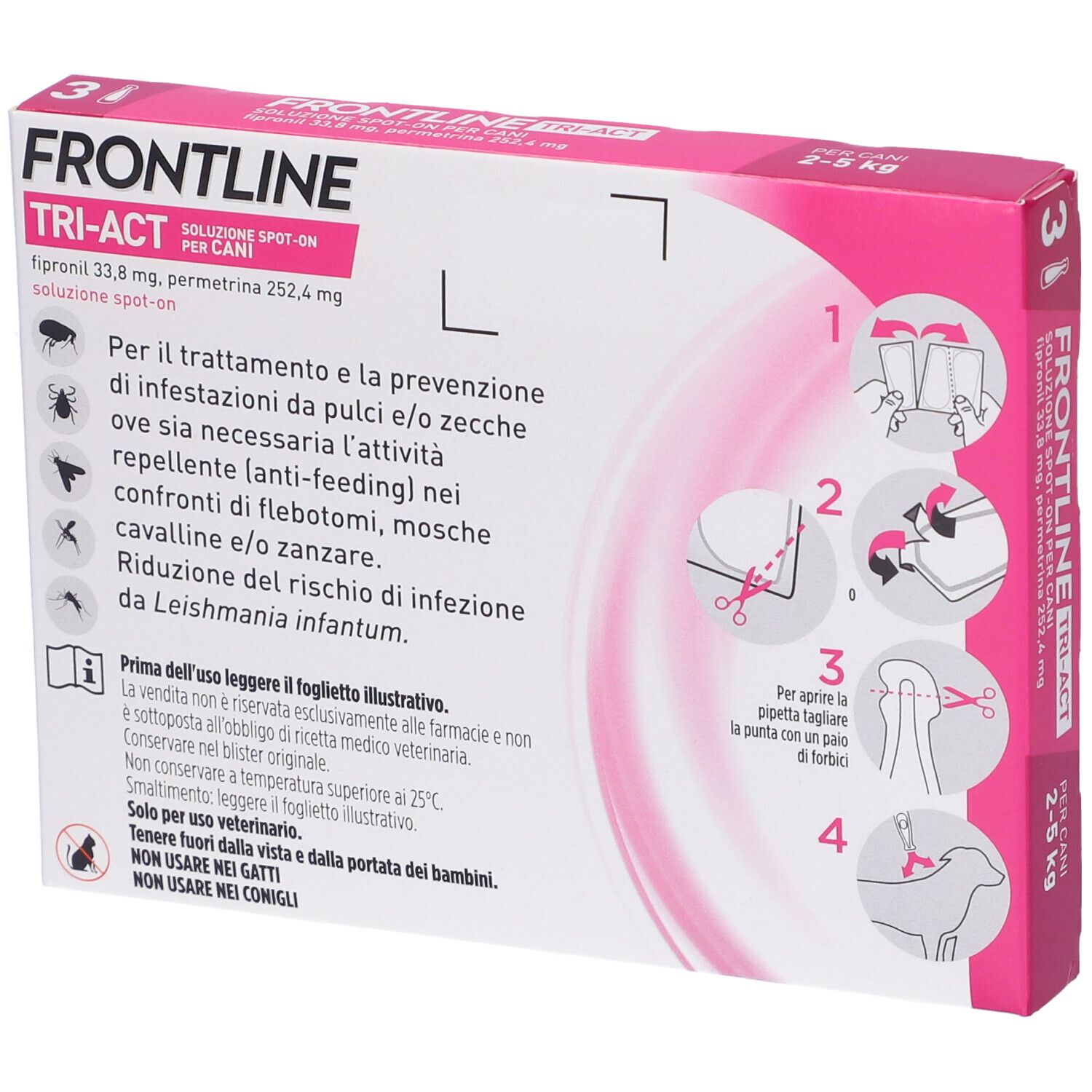Retro della confezione Frontline Tri-Act. Contiene informazioni su ingredienti, uso e avvertenze. Non per gatti.