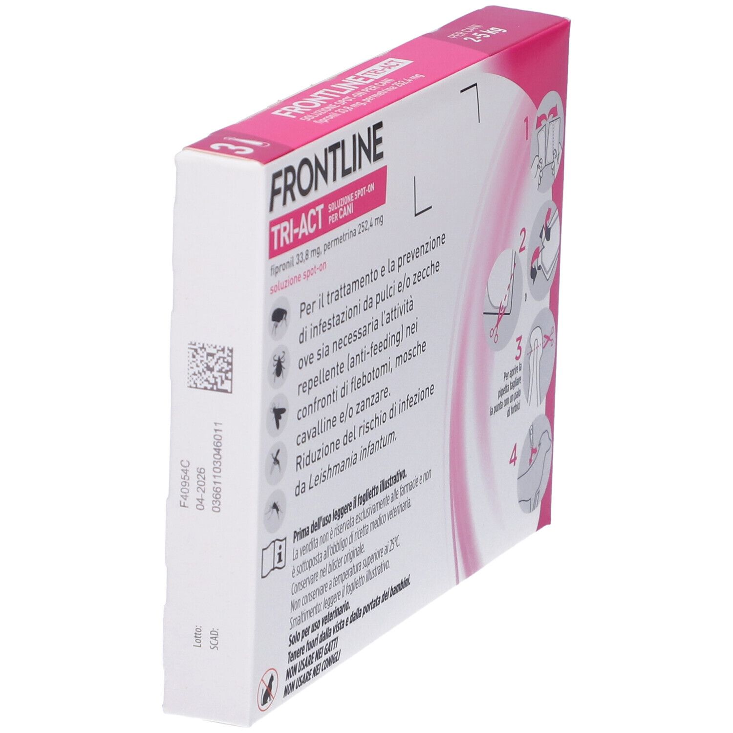 Retro della confezione Frontline Tri-Act. Contiene informazioni su ingredienti, uso e avvertenze. Non per gatti.