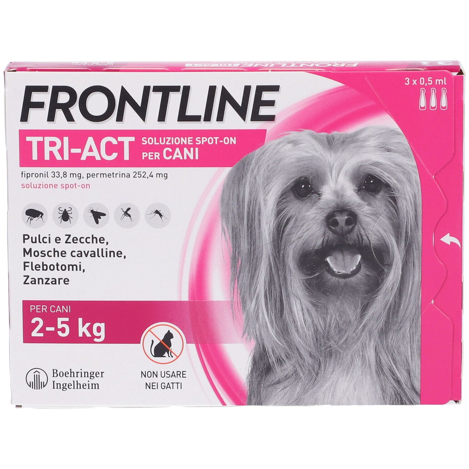 Confezione Frontline Tri-Act. Contiene 3 pipette per cani 2-5 kg. Scatola rosa e bianca con foto di cane.