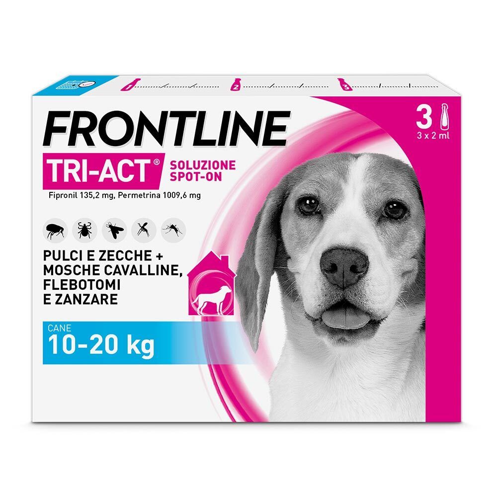 Confezione Frontline Tri-Act. Contiene 3 pipette per cani 10-20 kg. Immagine di un cane.