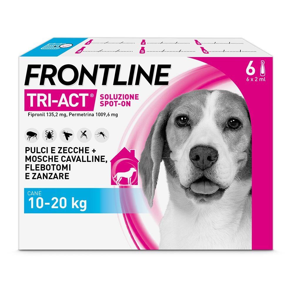 Confezione Frontline Tri-Act per cani 10-20 kg. Contro pulci, zecche, zanzare e flebotomi. Contiene 6 pipette.