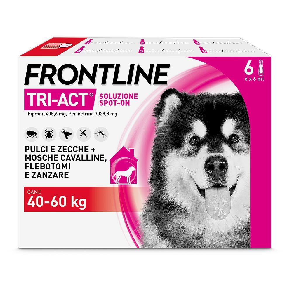 Confezione Frontline Tri-Act, 6 pipette. Cane sulla confezione. Contro pulci, zecche, zanzare e tafani.