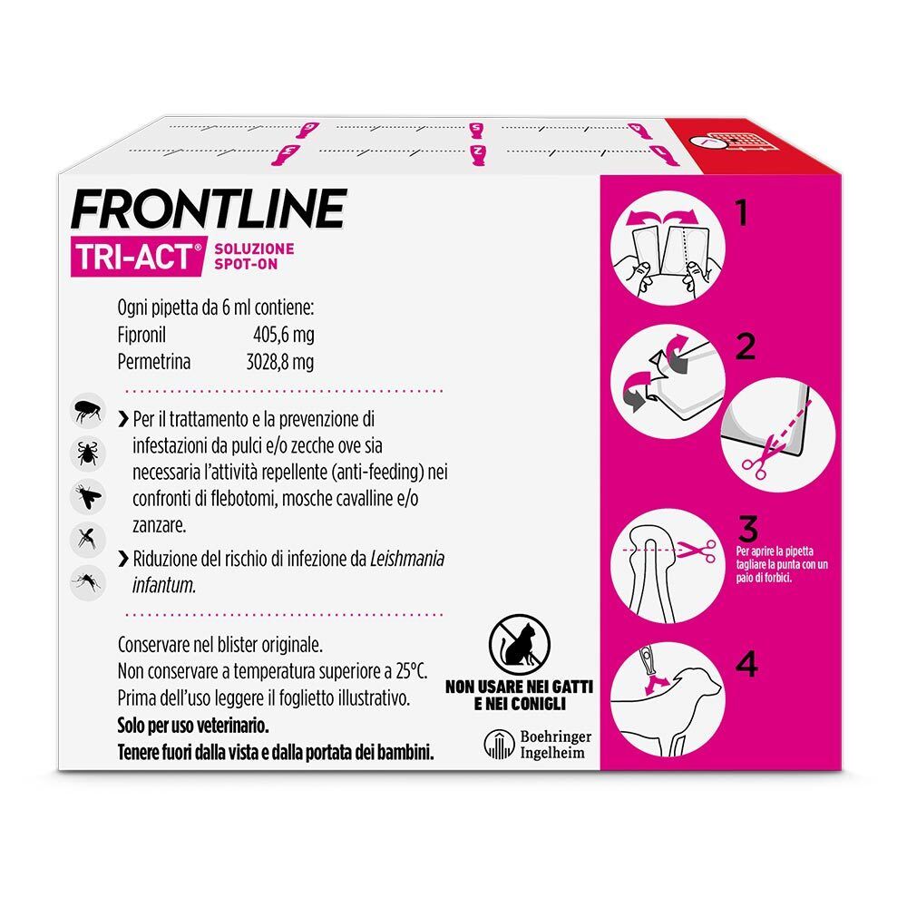 Retro confezione Frontline Tri-Act. Istruzioni e ingredienti. Non usare su gatti e conigli.