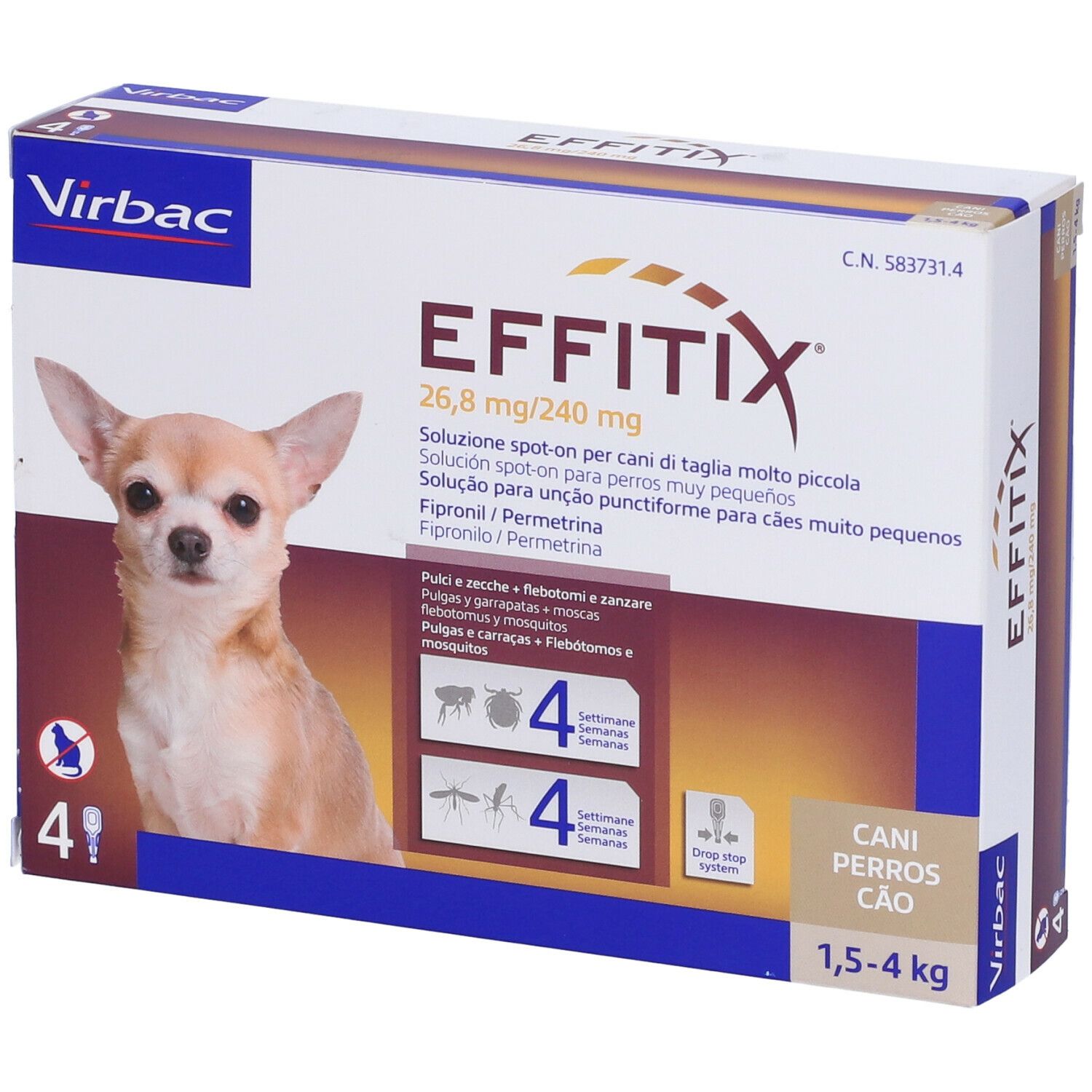 EFFITIX spot-on soluz 4 pipette 0,44 ml 26,8 mg + 240 mg cani da 1,5 a 4 Kg